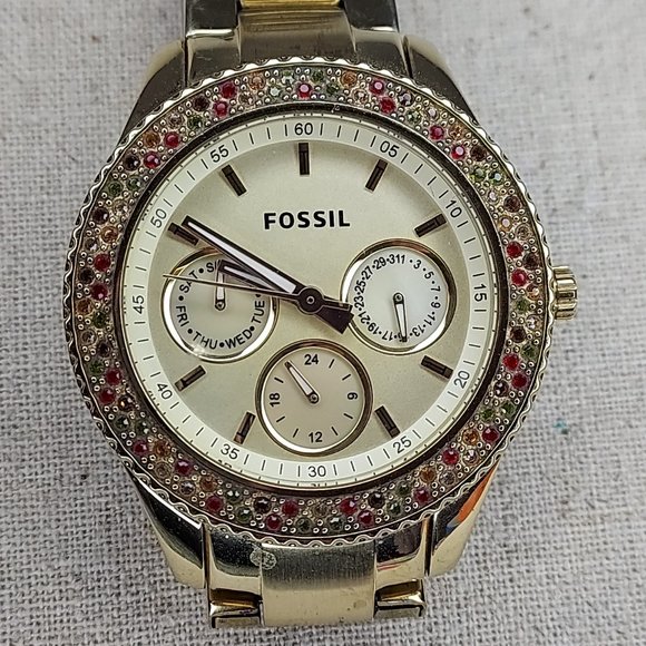 Soft Gold Fossil three dial Watch w Green, red & champagne colored rhinestones - Picture 2 of 5
